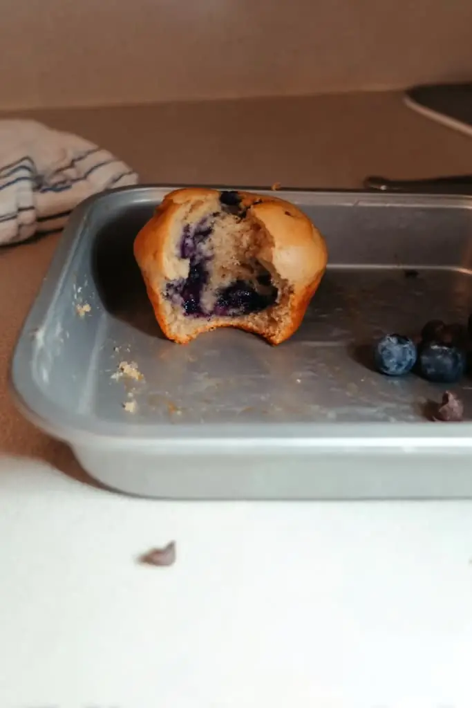 Half-eaten protein muffin showing fluffy interior texture with blueberries on gray plate