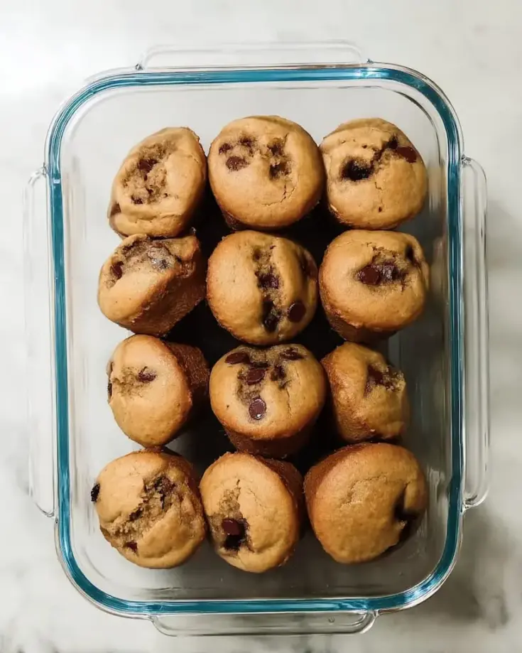 Twelve golden brown protein muffins with chocolate chips in a clear glass baking dish on white marble counter
