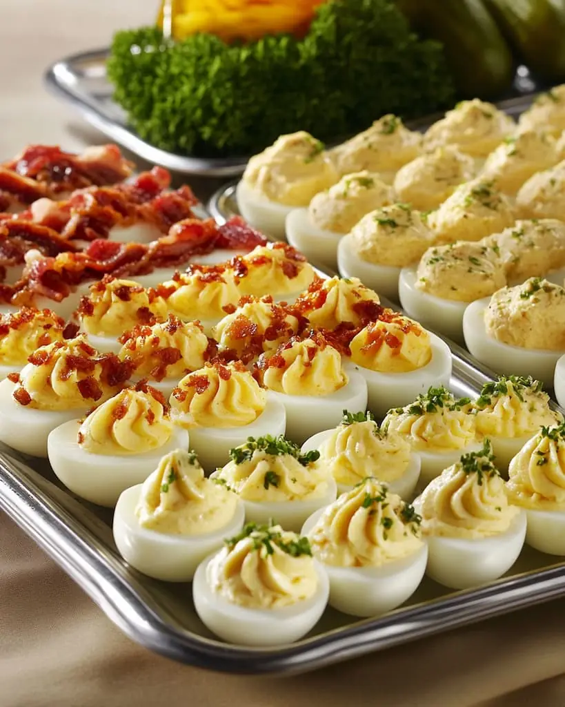 Platter of quick deviled eggs with bacon crumbles and fresh herbs on silver serving tray