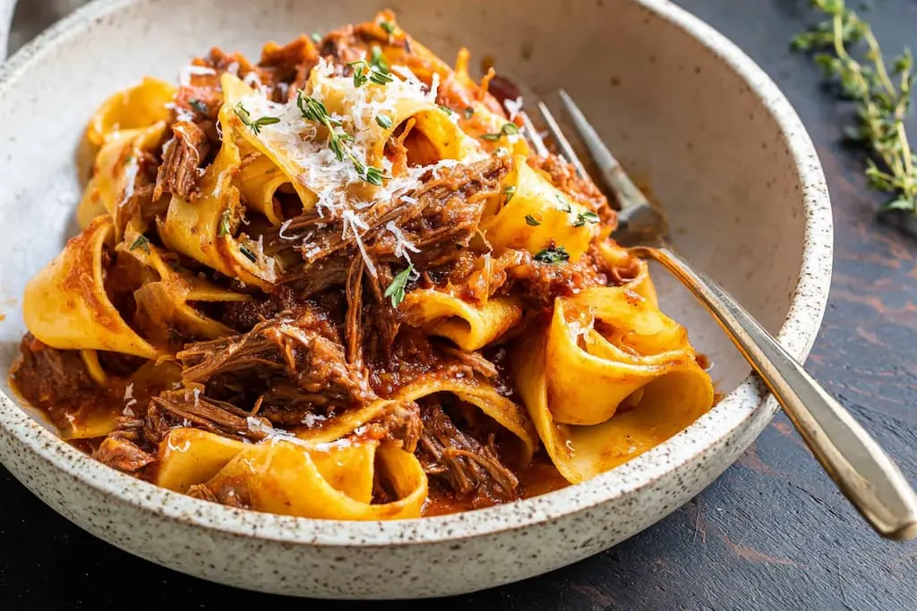 Bowl of pappardelle pasta with shredded short rib ragu topped with Parmesan cheese and fresh thyme on a speckled ceramic plate
