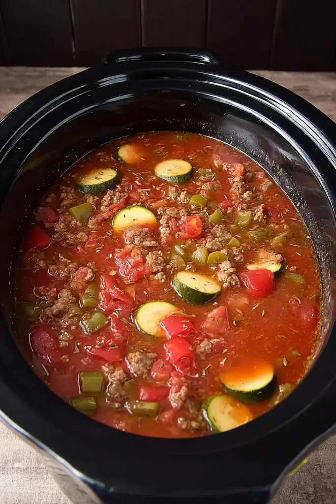 Italian sausage zucchini soup cooking in black slow cooker with visible zucchini slices, diced tomatoes, bell peppers, and browned sausage in rich tomato broth
