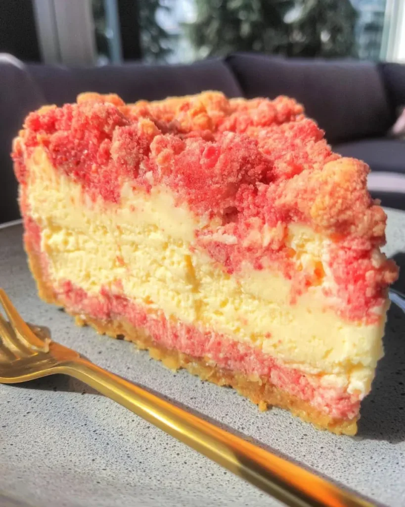 Close-up of a strawberry crunch cheesecake slice with creamy vanilla filling and pink crumb topping on a stoneware plate