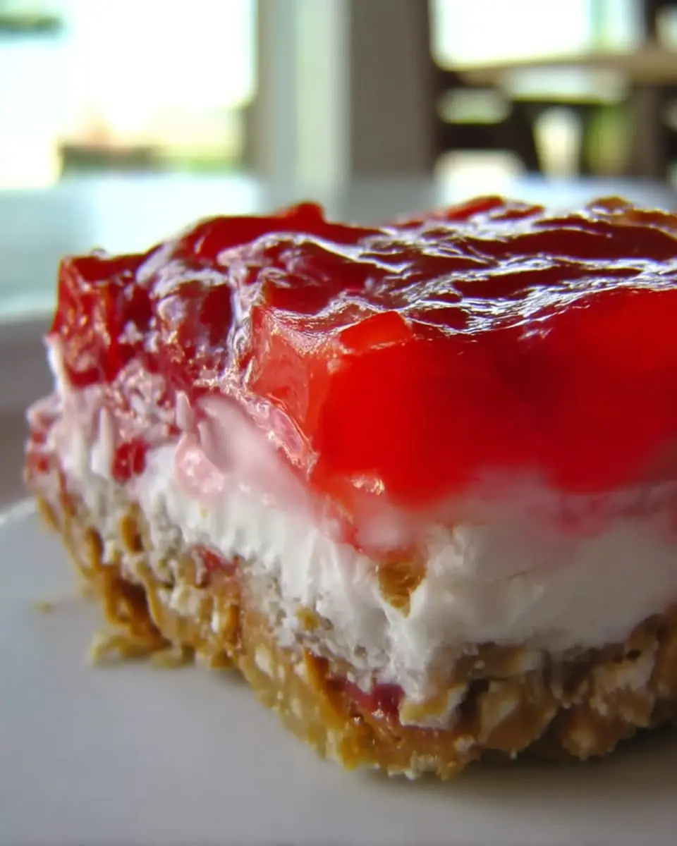 Close-up of a strawberry pretzel salad square showing glossy strawberry gelatin, fluffy cream cheese layer, and crunchy pretzel crust.