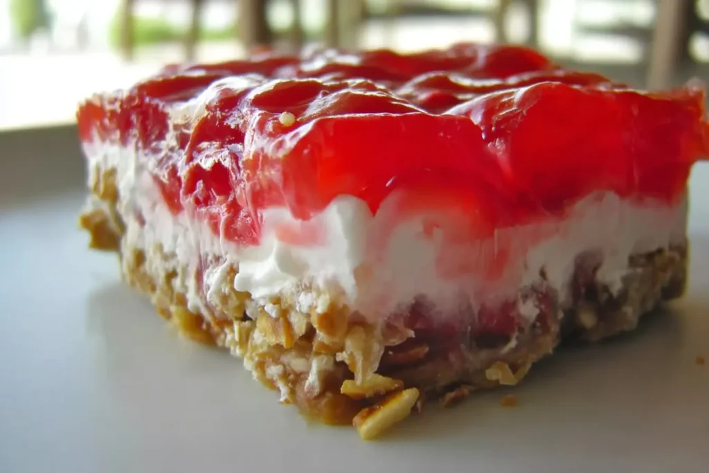 Close-up of a strawberry pretzel salad slice with red gelatin topping, creamy middle, and crunchy pretzel crust on a plate.
