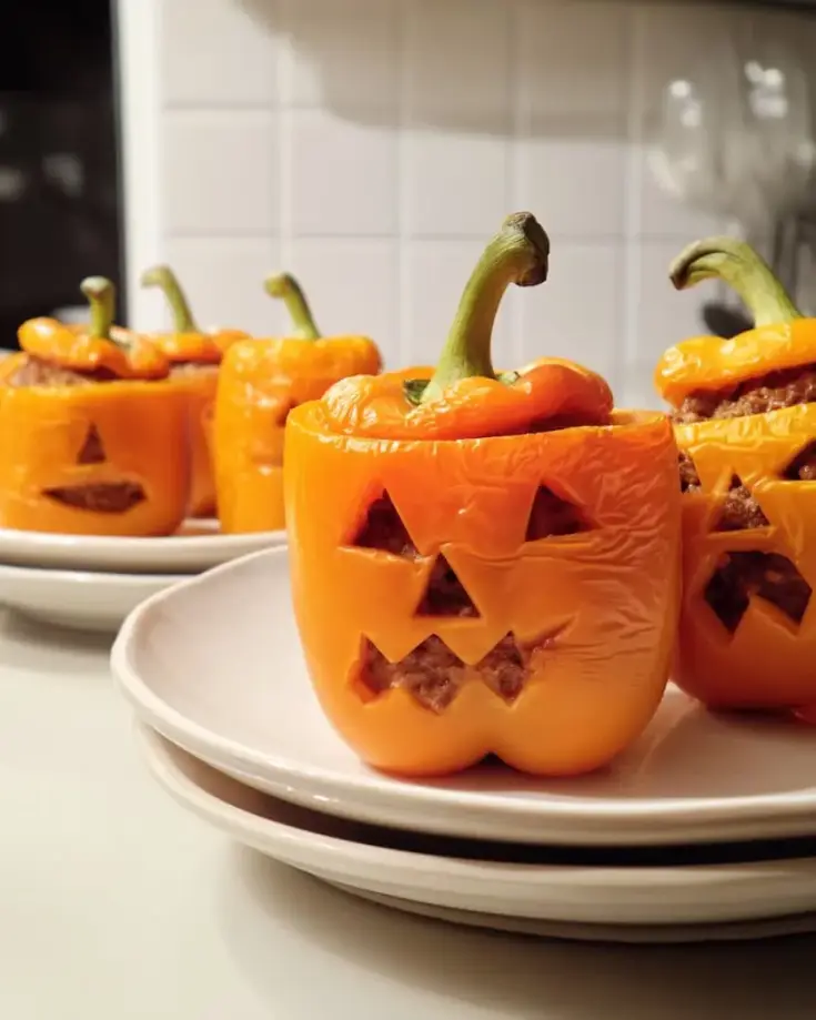Carved orange bell peppers with jack-o-lantern faces stuffed with seasoned beef filling on white plates