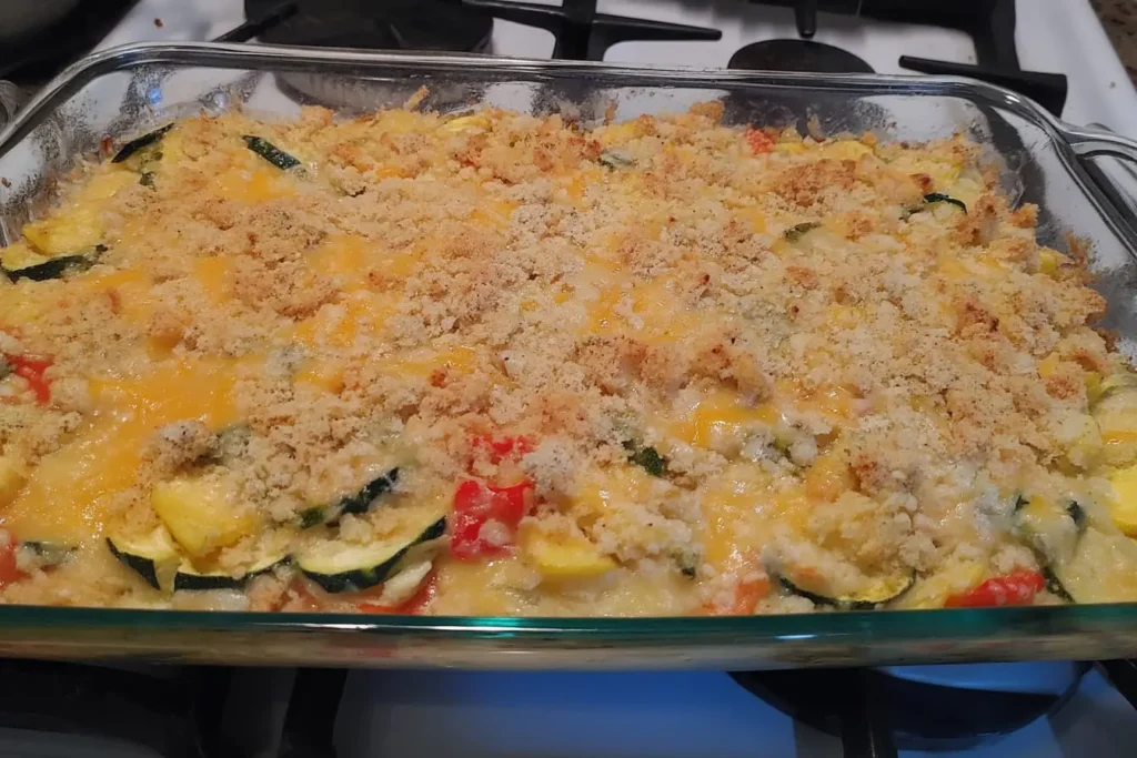 Glass baking dish filled with creamy summer squash casserole—yellow squash, zucchini, and peppers—topped with a golden, buttery cracker-Cheddar crumb.