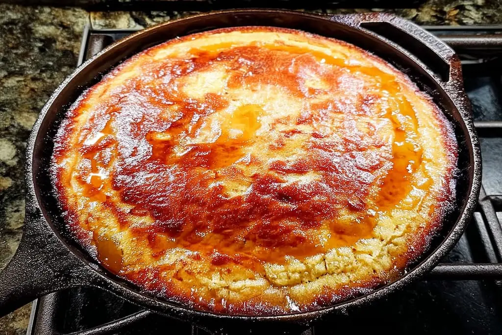 Golden honey butter skillet cornbread in a cast-iron pan, showing a shiny glaze and caramelized edges on a stovetop.