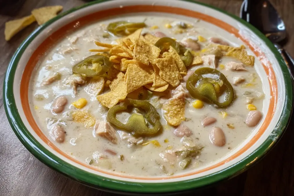 Creamy white chicken chili in green-rimmed bowl topped with sliced jalapeños, corn kernels, and crushed tortilla chips