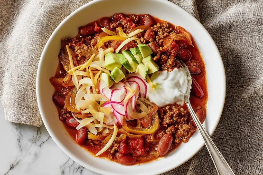 Bowl of white chili with ground beef topped with shredded cheese, diced avocado, sliced radishes, and sour cream on marble counter