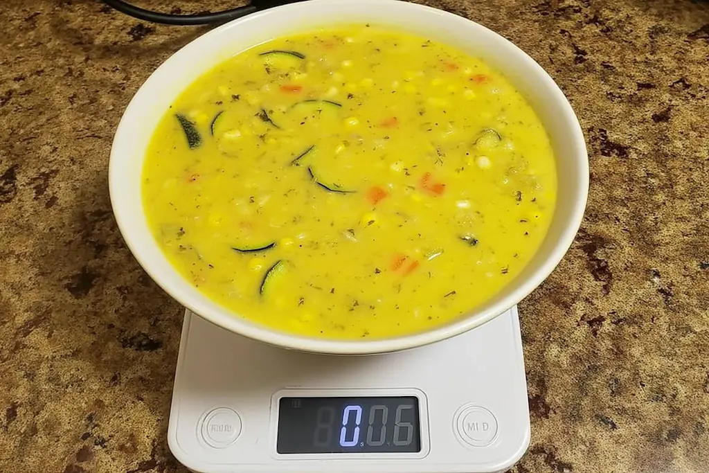 Bowl of creamy golden zucchini corn chowder with visible corn kernels and zucchini pieces on kitchen scale